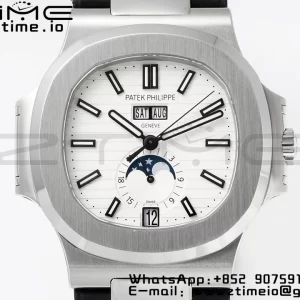 PATEK PHILIPPE Nautilus 5726 Complicated SS PPF 1:1 Best Edition White Textured Dial on Black Rubber Strap A324 - Super Clone Watch | 1:1 Best Version