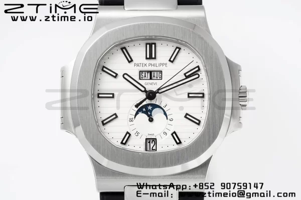 PATEK PHILIPPE Nautilus 5726 Complicated SS PPF 1:1 Best Edition White Textured Dial on Black Rubber Strap A324 - Super Clone Watch | 1:1 Best Version