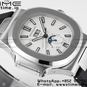 PATEK PHILIPPE Nautilus 5726 Complicated SS PPF 1:1 Best Edition White Textured Dial on Black Rubber Strap A324 - Super Clone Watch | 1:1 Best Version