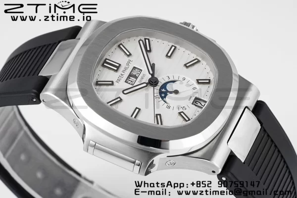 PATEK PHILIPPE Nautilus 5726 Complicated SS PPF 1:1 Best Edition White Textured Dial on Black Rubber Strap A324 - Super Clone Watch | 1:1 Best Version
