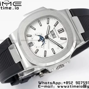 PATEK PHILIPPE Nautilus 5726 Complicated SS PPF 1:1 Best Edition White Textured Dial on Black Rubber Strap A324 - Super Clone Watch | 1:1 Best Version