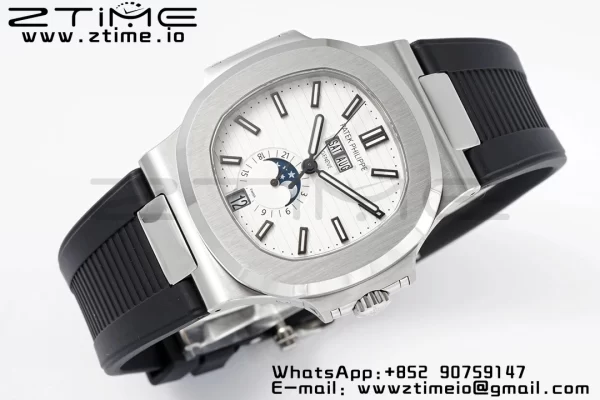 PATEK PHILIPPE Nautilus 5726 Complicated SS PPF 1:1 Best Edition White Textured Dial on Black Rubber Strap A324 - Super Clone Watch | 1:1 Best Version