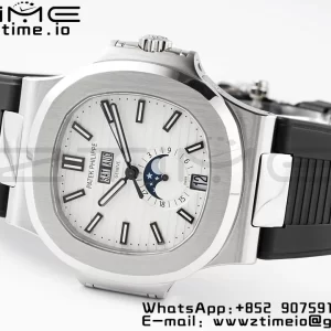 PATEK PHILIPPE Nautilus 5726 Complicated SS PPF 1:1 Best Edition White Textured Dial on Black Rubber Strap A324 - Super Clone Watch | 1:1 Best Version