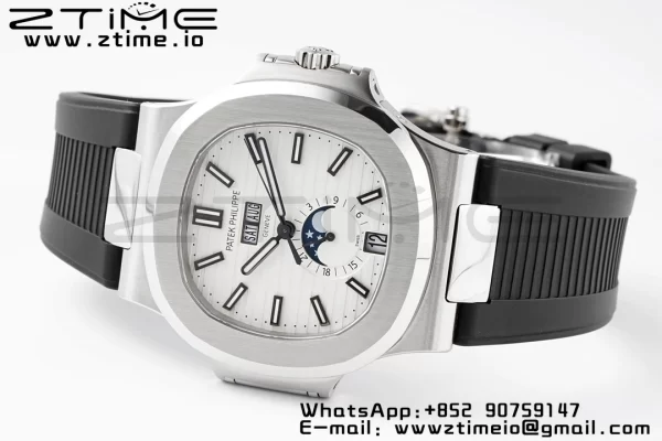 PATEK PHILIPPE Nautilus 5726 Complicated SS PPF 1:1 Best Edition White Textured Dial on Black Rubber Strap A324 - Super Clone Watch | 1:1 Best Version