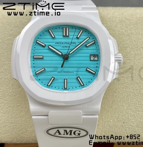 PATEK PHILIPPE AET Nautilus 5711 ホワイトセラミック AMGF ベストエディション ティファニーブルー文字盤 ホワイトラバーストラップ MIYOTA 9015 - スーパークローンウォッチ｜1:1 ベストバージョン