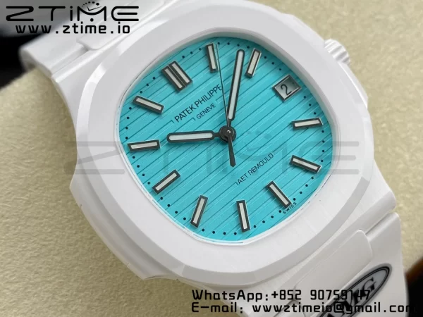 PATEK PHILIPPE AET Nautilus 5711 ホワイトセラミック AMGF ベストエディション ティファニーブルー文字盤 ホワイトラバーストラップ MIYOTA 9015 - スーパークローンウォッチ｜1:1 ベストバージョン