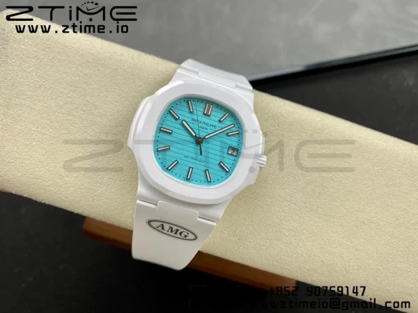 PATEK PHILIPPE AET Nautilus 5711 ホワイトセラミック AMGF ベストエディション ティファニーブルー文字盤 ホワイトラバーストラップ MIYOTA 9015 - スーパークローンウォッチ｜1:1 ベストバージョン