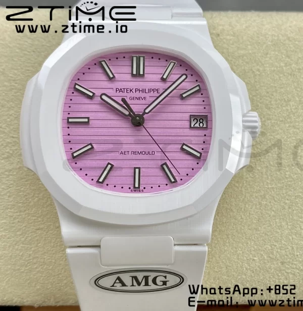 PATEK PHILIPPE AET Nautilus 5711 Λευκό Κεραμικό AMGF Best Edition Ροζ καντράν σε λευκό καουτσούκ λουράκι MIYOTA 9015 - Super Clone Watch | 1:1 Best Version
