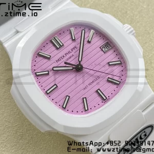 PATEK PHILIPPE AET Nautilus 5711 Λευκό Κεραμικό AMGF Best Edition Ροζ καντράν σε λευκό καουτσούκ λουράκι MIYOTA 9015 - Super Clone Watch | 1:1 Best Version