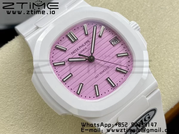PATEK PHILIPPE AET Nautilus 5711 Λευκό Κεραμικό AMGF Best Edition Ροζ καντράν σε λευκό καουτσούκ λουράκι MIYOTA 9015 - Super Clone Watch | 1:1 Best Version