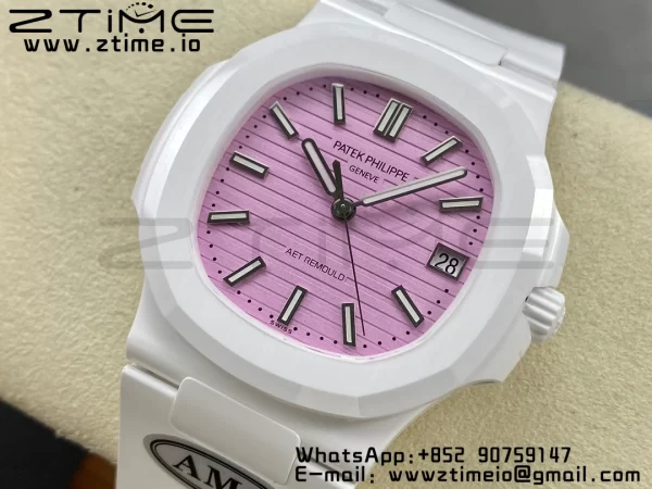 PATEK PHILIPPE AET Nautilus 5711 Λευκό Κεραμικό AMGF Best Edition Ροζ καντράν σε λευκό καουτσούκ λουράκι MIYOTA 9015 - Super Clone Watch | 1:1 Best Version
