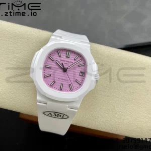 PATEK PHILIPPE AET Nautilus 5711 Λευκό Κεραμικό AMGF Best Edition Ροζ καντράν σε λευκό καουτσούκ λουράκι MIYOTA 9015 - Super Clone Watch | 1:1 Best Version