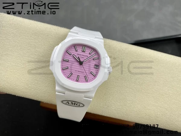 PATEK PHILIPPE AET Nautilus 5711 Λευκό Κεραμικό AMGF Best Edition Ροζ καντράν σε λευκό καουτσούκ λουράκι MIYOTA 9015 - Super Clone Watch | 1:1 Best Version