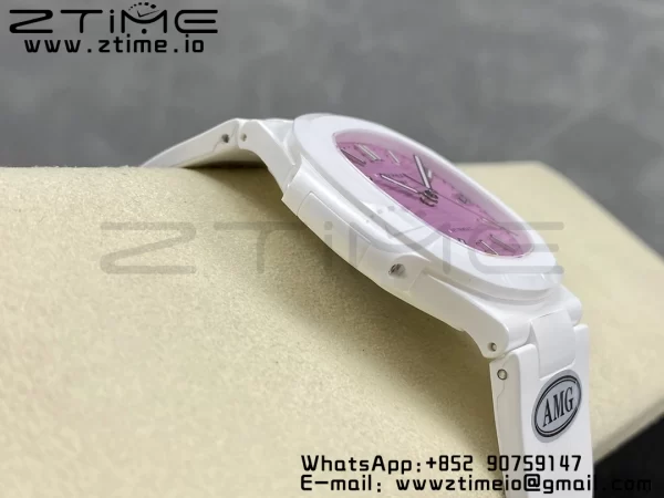 PATEK PHILIPPE AET Nautilus 5711 Λευκό Κεραμικό AMGF Best Edition Ροζ καντράν σε λευκό καουτσούκ λουράκι MIYOTA 9015 - Super Clone Watch | 1:1 Best Version