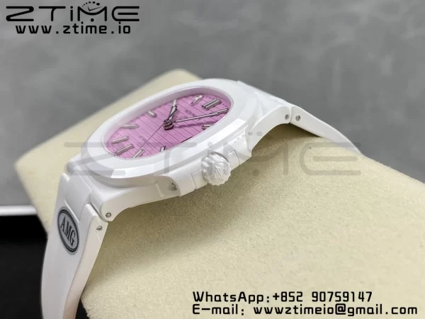 PATEK PHILIPPE AET Nautilus 5711 Λευκό Κεραμικό AMGF Best Edition Ροζ καντράν σε λευκό καουτσούκ λουράκι MIYOTA 9015 - Super Clone Watch | 1:1 Best Version
