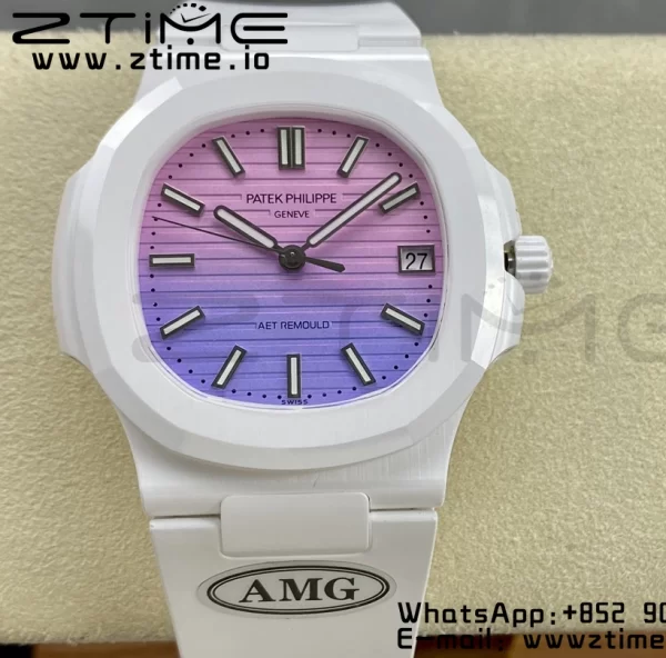 PATEK PHILIPPE AET Nautilus 5711 White Ceramic AMGF Best Edition Purple/Pink Dial on White Rubber Strap MIYOTA 9015 - Super Clone Watch | 1:1 Best Version