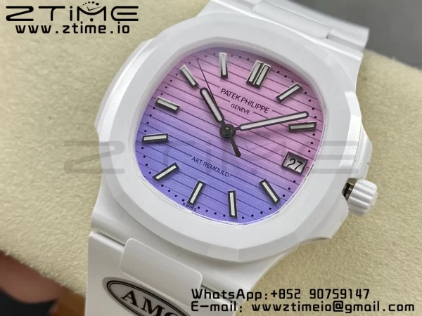 PATEK PHILIPPE AET Nautilus 5711 White Ceramic AMGF Best Edition Purple/Pink Dial on White Rubber Strap MIYOTA 9015 - Super Clone Watch | 1:1 Best Version