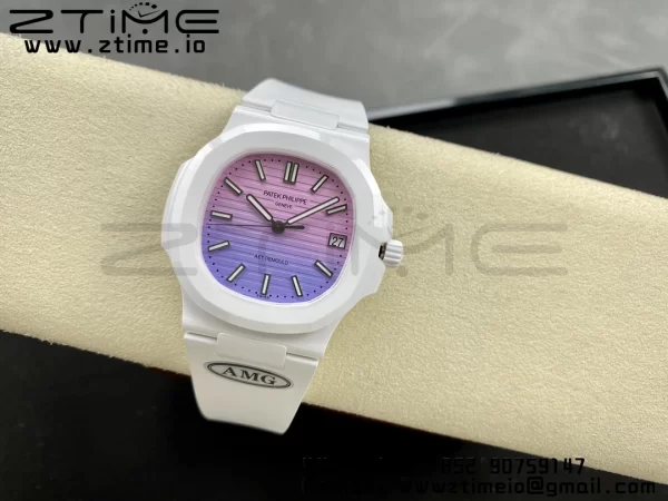 PATEK PHILIPPE AET Nautilus 5711 White Ceramic AMGF Best Edition Purple/Pink Dial on White Rubber Strap MIYOTA 9015 - Super Clone Watch | 1:1 Best Version