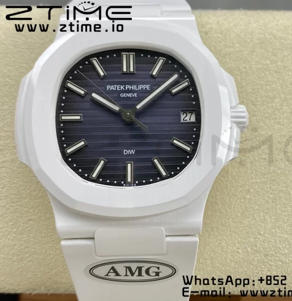 PATEK PHILIPPE AET Nautilus 5711 Λευκό Κεραμικό AMGF Best Edition Μπλε καντράν σε λευκό καουτσούκ λουράκι MIYOTA 9015 - Super Clone Watch | 1:1 Best Version