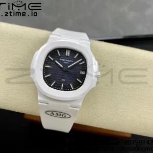 PATEK PHILIPPE AET Nautilus 5711 Λευκό Κεραμικό AMGF Best Edition Μπλε καντράν σε λευκό καουτσούκ λουράκι MIYOTA 9015 - Super Clone Watch | 1:1 Best Version