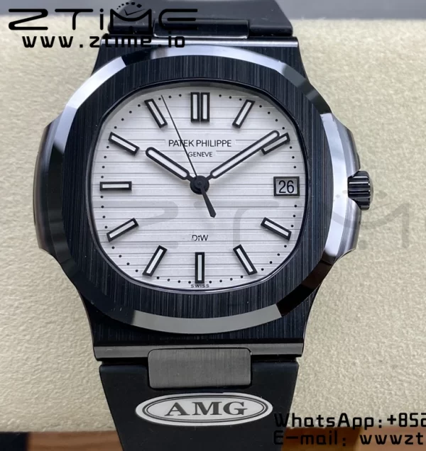 PATEK PHILIPPE AET Nautilus 5711 Μαύρο κεραμικό AMGF Best Edition Λευκό καντράν σε μαύρο λουράκι από καουτσούκ MIYOTA 9015 - Super Clone Watch | 1:1 Best Version