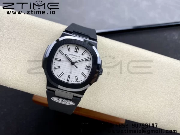 PATEK PHILIPPE AET Nautilus 5711 Μαύρο κεραμικό AMGF Best Edition Λευκό καντράν σε μαύρο λουράκι από καουτσούκ MIYOTA 9015 - Super Clone Watch | 1:1 Best Version