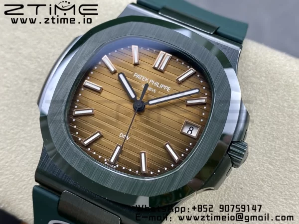 PATEK PHILIPPE AET Nautilus 5711 グリーンセラミック AMGF ベストエディション ブラウンダイアル グリーンラバーストラップ MIYOTA 9015 - スーパークローンウォッチ｜1:1 ベストバージョン