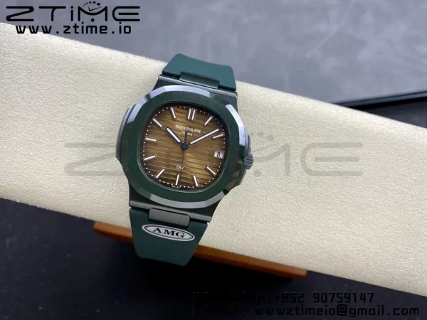 PATEK PHILIPPE AET Nautilus 5711 グリーンセラミック AMGF ベストエディション ブラウンダイアル グリーンラバーストラップ MIYOTA 9015 - スーパークローンウォッチ｜1:1 ベストバージョン