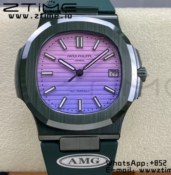 PATEK PHILIPPE AET Nautilus 5711 グリーンセラミック AMGF ベストエディション パープル/ピンクダイアル グリーンラバーストラップ MIYOTA 9015 - スーパークローンウォッチ｜1:1 ベストバージョン