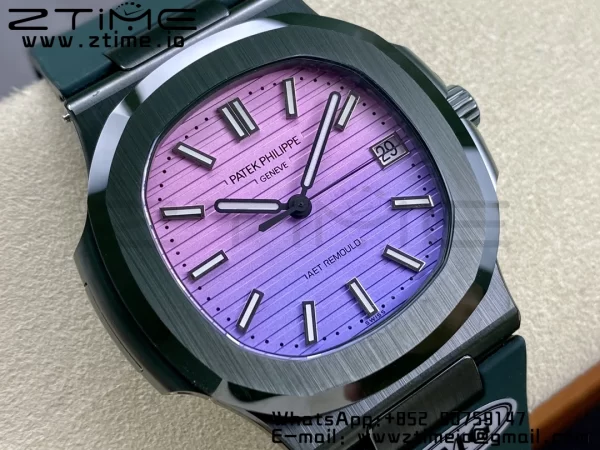 PATEK PHILIPPE AET Nautilus 5711 グリーンセラミック AMGF ベストエディション パープル/ピンクダイアル グリーンラバーストラップ MIYOTA 9015 - スーパークローンウォッチ｜1:1 ベストバージョン