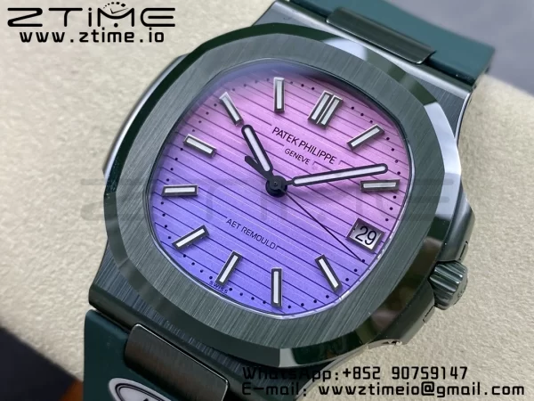 PATEK PHILIPPE AET Nautilus 5711 グリーンセラミック AMGF ベストエディション パープル/ピンクダイアル グリーンラバーストラップ MIYOTA 9015 - スーパークローンウォッチ｜1:1 ベストバージョン