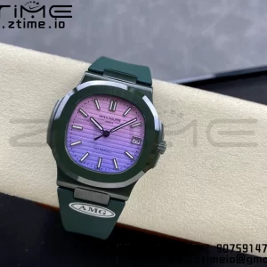 PATEK PHILIPPE AET Nautilus 5711 グリーンセラミック AMGF ベストエディション パープル/ピンクダイアル グリーンラバーストラップ MIYOTA 9015 - スーパークローンウォッチ｜1:1 ベストバージョン