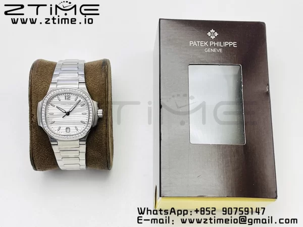 PATEK PHILIPPE Nautilus 7118 Ladies SS PPF 1:1 Best Edition Weißes Zifferblatt Diamanten Lünette auf SS Armband 324CS - Super Clone Watch | 1:1 Best Version