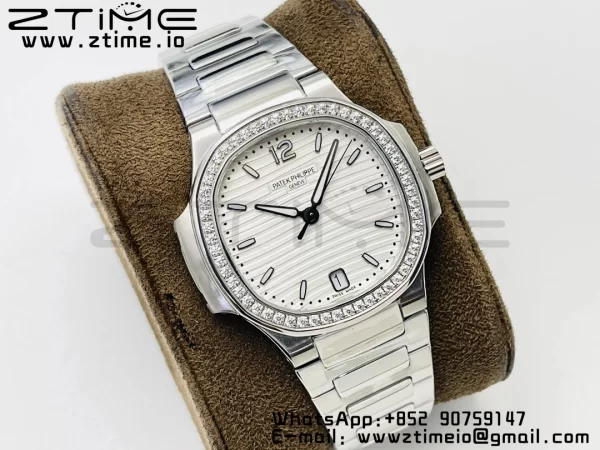 PATEK PHILIPPE Nautilus 7118 Ladies SS PPF 1:1 Best Edition Weißes Zifferblatt Diamanten Lünette auf SS Armband 324CS - Super Clone Watch | 1:1 Best Version