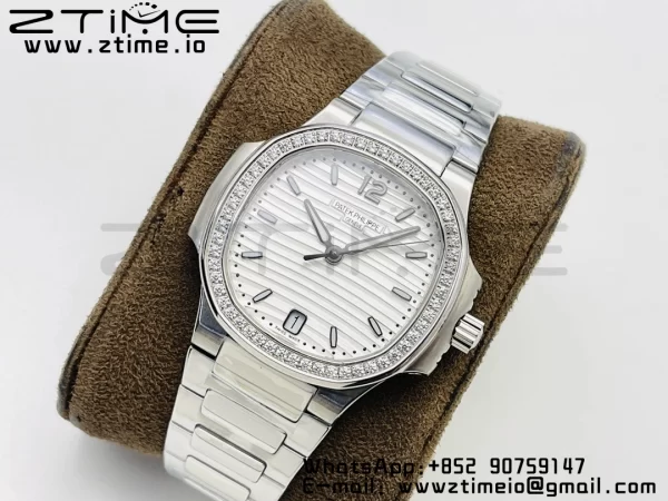 PATEK PHILIPPE Nautilus 7118 Ladies SS PPF 1:1 Best Edition Weißes Zifferblatt Diamanten Lünette auf SS Armband 324CS - Super Clone Watch | 1:1 Best Version