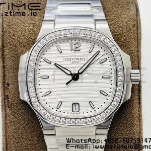 PATEK PHILIPPE Nautilus 7118 Ladies SS PPF 1:1 Best Edition White Dial Diamonds Bezel on SS Bracelet 324CS - Super Clone Watch | 1:1 Best Version