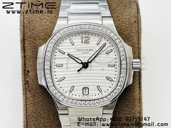 PATEK PHILIPPE Nautilus 7118 Ladies SS PPF 1:1 Best Edition Weißes Zifferblatt Diamanten Lünette auf SS Armband 324CS - Super Clone Watch | 1:1 Best Version