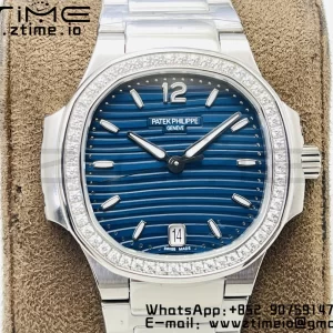 PATEK PHILIPPE Nautilus 7118 Ladies SS PPF 1:1 Best Edition Blue Dial Diamonds Bezel on SS Bracelet 324CS - Super Clone Watch | 1:1 Best Version
