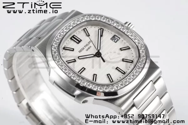 PATEK PHILIPPE Nautilus 5711/1A PPF 1:1 Best Edition ホワイトダイアル ダイヤモンドベゼル SSブレスレット 324CS V5 - スーパークローンウォッチ｜1:1ベストバージョン