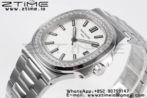 PATEK PHILIPPE Nautilus 5711/1A PPF 1:1 Best Edition ホワイトダイアル ダイヤモンドベゼル SSブレスレット 324CS V5 - スーパークローンウォッチ｜1:1ベストバージョン
