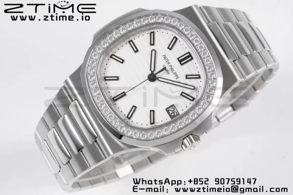 PATEK PHILIPPE Nautilus 5711/1A PPF 1:1 Best Edition ホワイトダイアル ダイヤモンドベゼル SSブレスレット 324CS V5 - スーパークローンウォッチ｜1:1ベストバージョン
