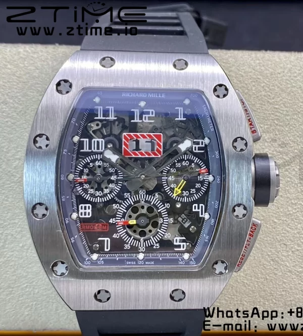 RICHARD MILLERM RM011 SS Chrono KVF 1:1 Best Edition Crystal Dial Black on Black Rubber Strap A7750 V3 - Super Clone Watch | 1:1 Best Version
