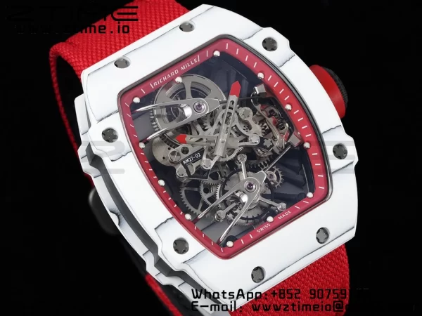 Richard Mille RM027-02 RM2702 Nadal Real Tourbillon RMF Best Edition White Forge Carbon Red Inner Bezel on Red Nylon Strap - Super Clone Watch | 1:1 Nejlepší verze