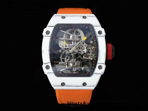 Richard Mille RM027-02 RM2702 Nadal Real Tourbillon RMF Best Edition White Forge Carbon Black Inner Bezel on Orange Nylon Strap - Super Clone Watch | 1:1 Best Version