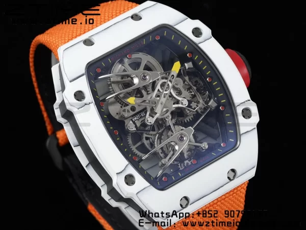 Richard Mille RM027-02 RM2702 Nadal Real Tourbillon RMF Best Edition White Forge Carbon Black Inner Bezel on Orange Nylon Strap - Super Clone Watch | 1:1 Best Version
