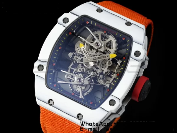 Richard Mille RM027-02 RM2702 Nadal Real Tourbillon RMF Best Edition White Forge Carbon Black Inner Bezel on Orange Nylon Strap - Super Clone Watch | 1:1 Best Version