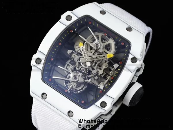 Richard Mille RM027-02 RM2702 Nadal Real Tourbillon RMF Best Edition White Forge Carbon Black Inner Bezel on White Nylon Strap - Super Clone Watch | 1:1 Best Version