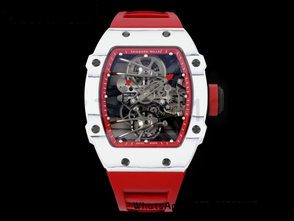 Richard Mille RM027-02 RM2702 Nadal Real Tourbillon RMF Best Edition Bianco Fucina Carbonio Lunetta interna rossa su cinturino in gomma rossa - Orologio Super Clone | 1:1 Miglior Versione