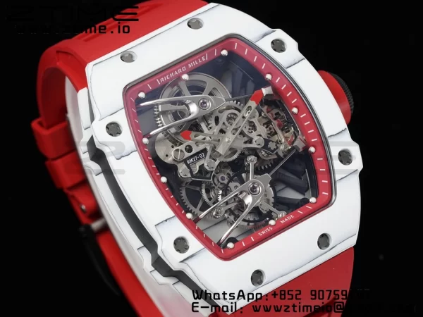 Richard Mille RM027-02 RM2702 Nadal Real Tourbillon RMF Best Edition Bianco Fucina Carbonio Lunetta interna rossa su cinturino in gomma rossa - Orologio Super Clone | 1:1 Miglior Versione