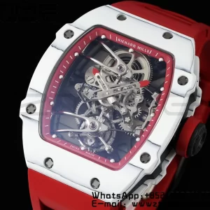 Richard Mille RM027-02 RM2702 Nadal Real Tourbillon RMF Best Edition Bianco Fucina Carbonio Lunetta interna rossa su cinturino in gomma rossa - Orologio Super Clone | 1:1 Miglior Versione